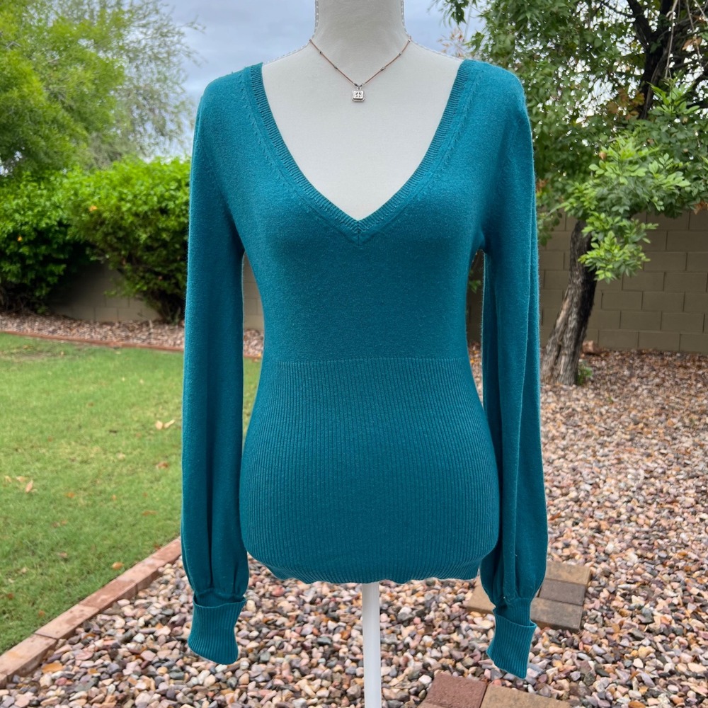 vintage express turquoise fitted long sleeve sweater top